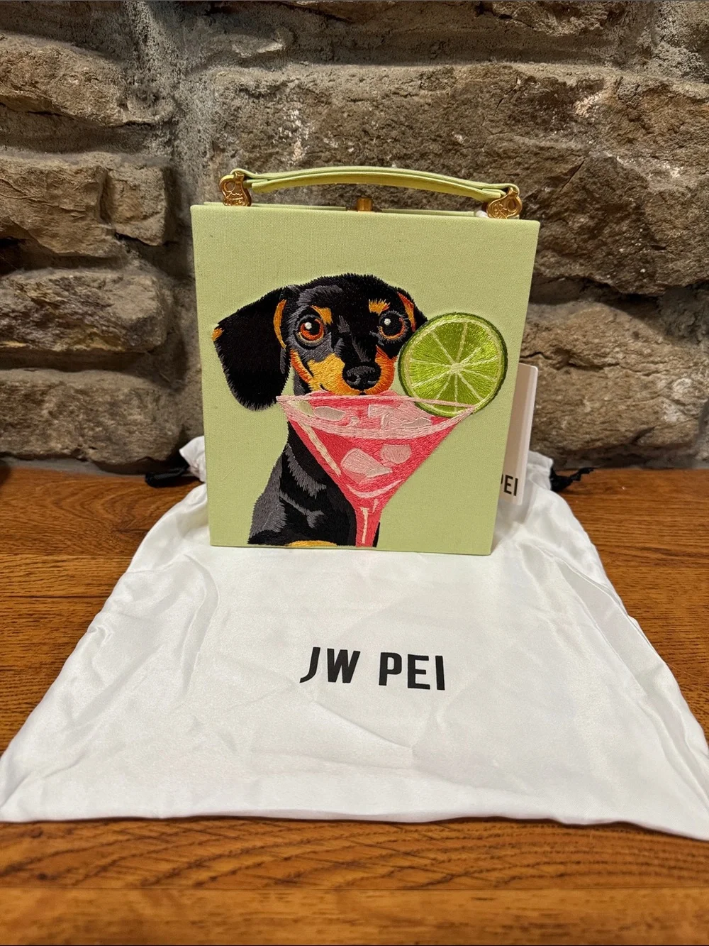 JW PEI Lime Green Dachshund Cocktail Embroidered Pet Tote